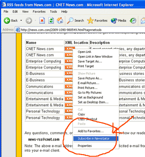 NewsGator IE Menu